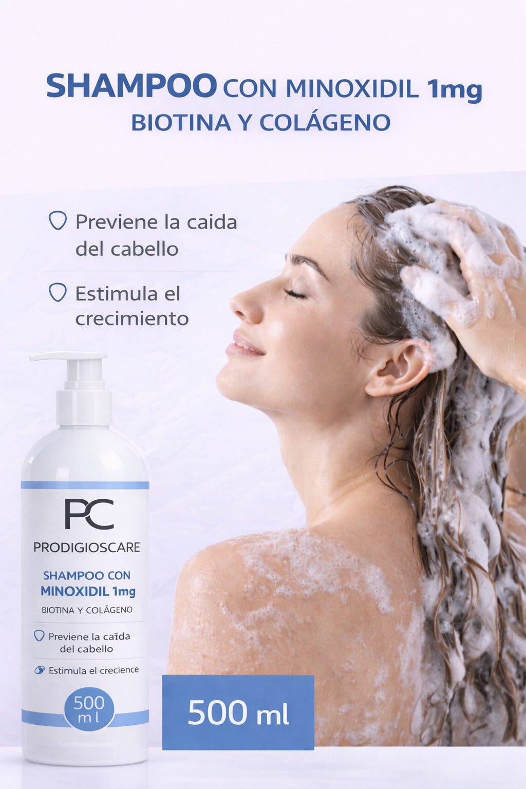 Shampoo con minoxidil, biotina y colágeno