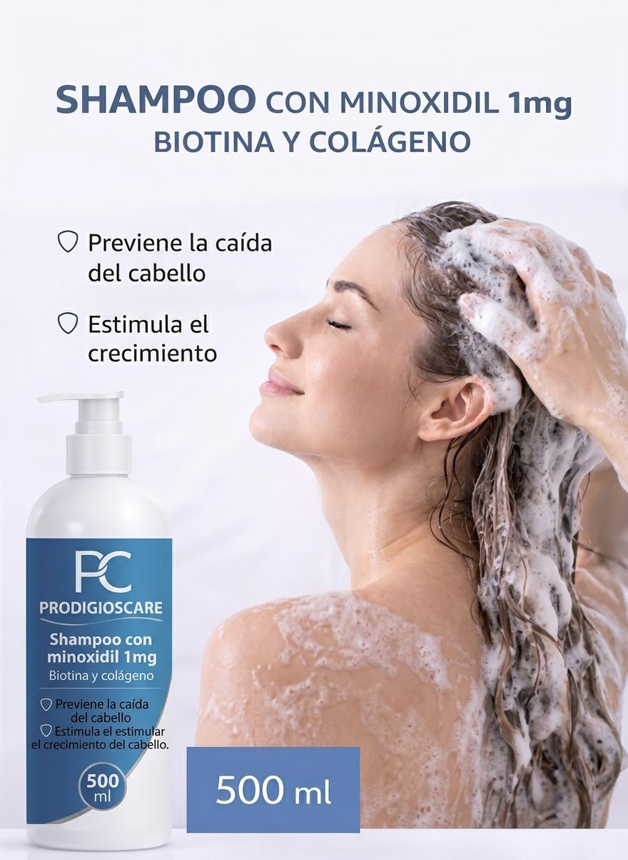 Shampoo con minoxidil, biotina y colágeno